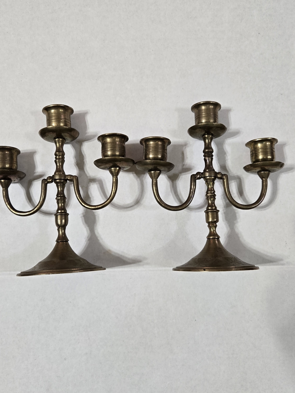 Pair of Brass Three-Arm Candelabras in Warm Brass Tone Vintage Read Description.